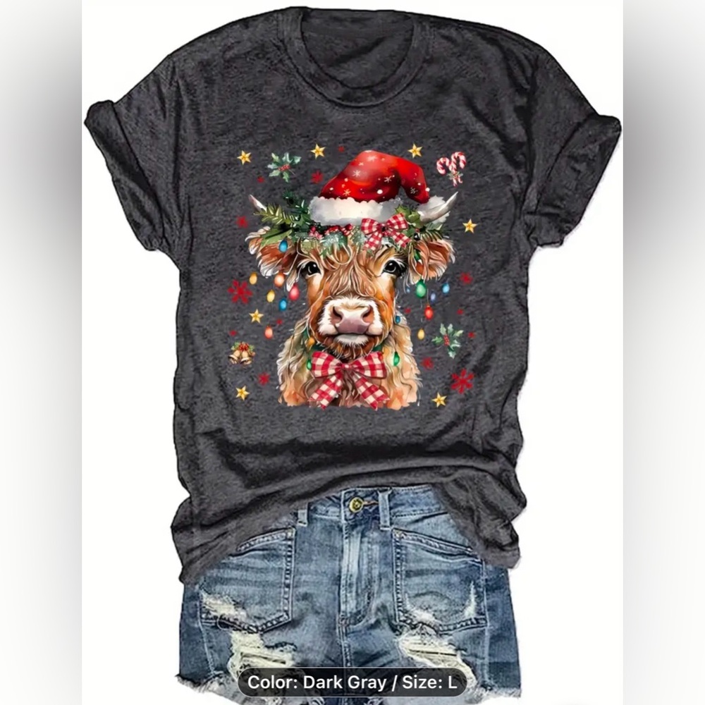 NEW Large woman’s print graphic T-shirt, Christmas cow, dark gray, short sleeves